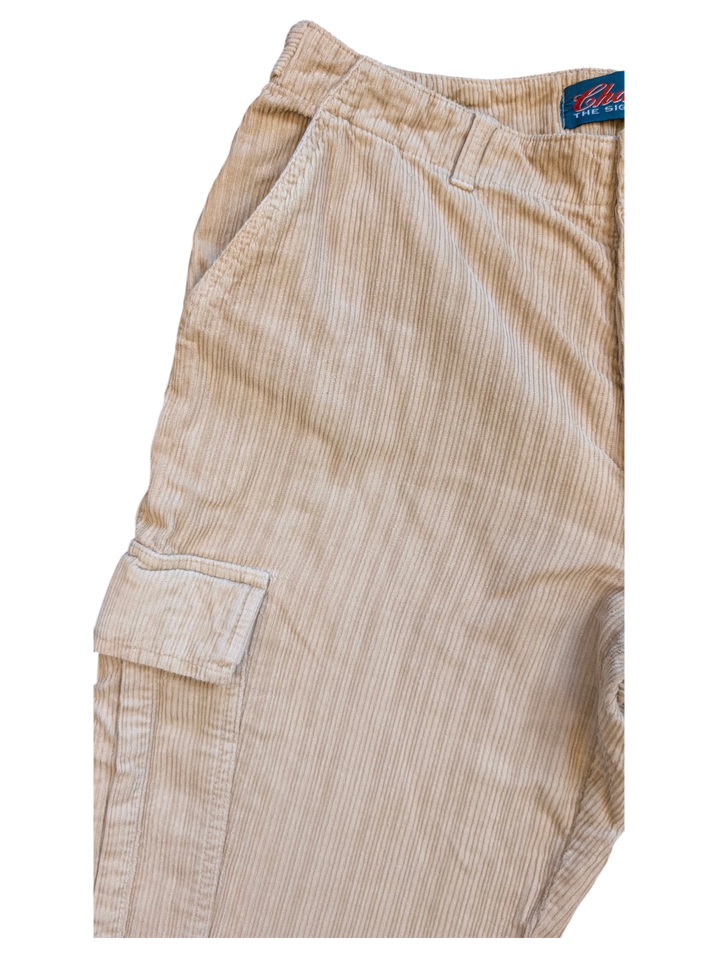 JAKE & IPI beige corduroy cargo pants with side pockets and belt loops.