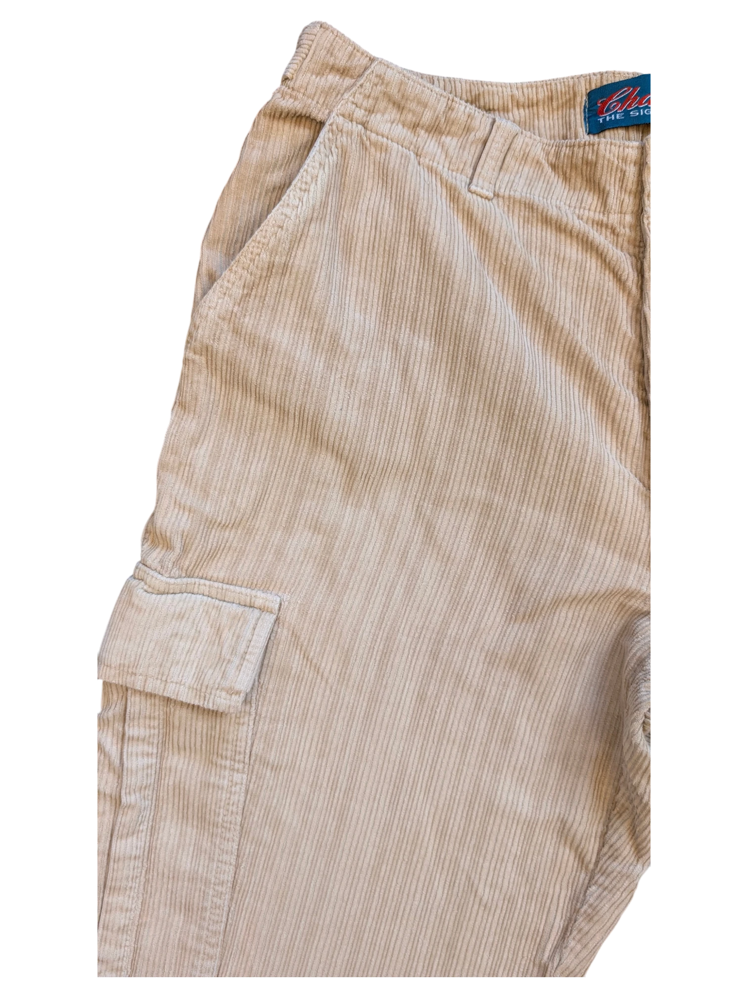 JAKE & IPI beige corduroy cargo pants with side pockets and belt loops.