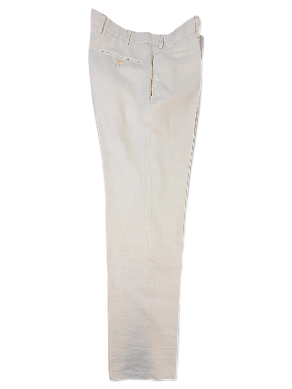 JAKE & IPI Brioni beige linen suit trousers with a buttoned back pocket and tailored fit.