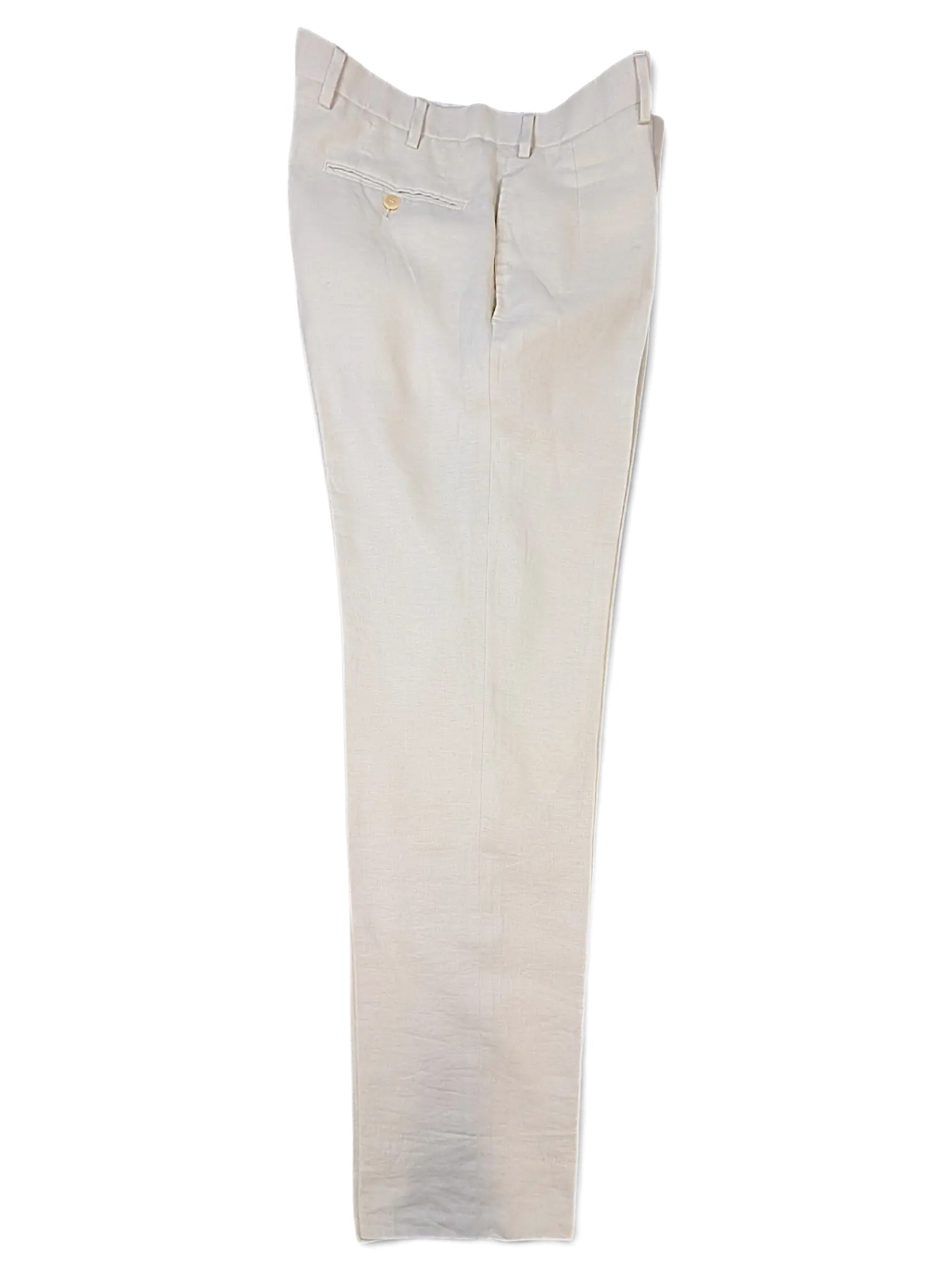 JAKE & IPI Brioni beige linen suit trousers with a buttoned back pocket and tailored fit.