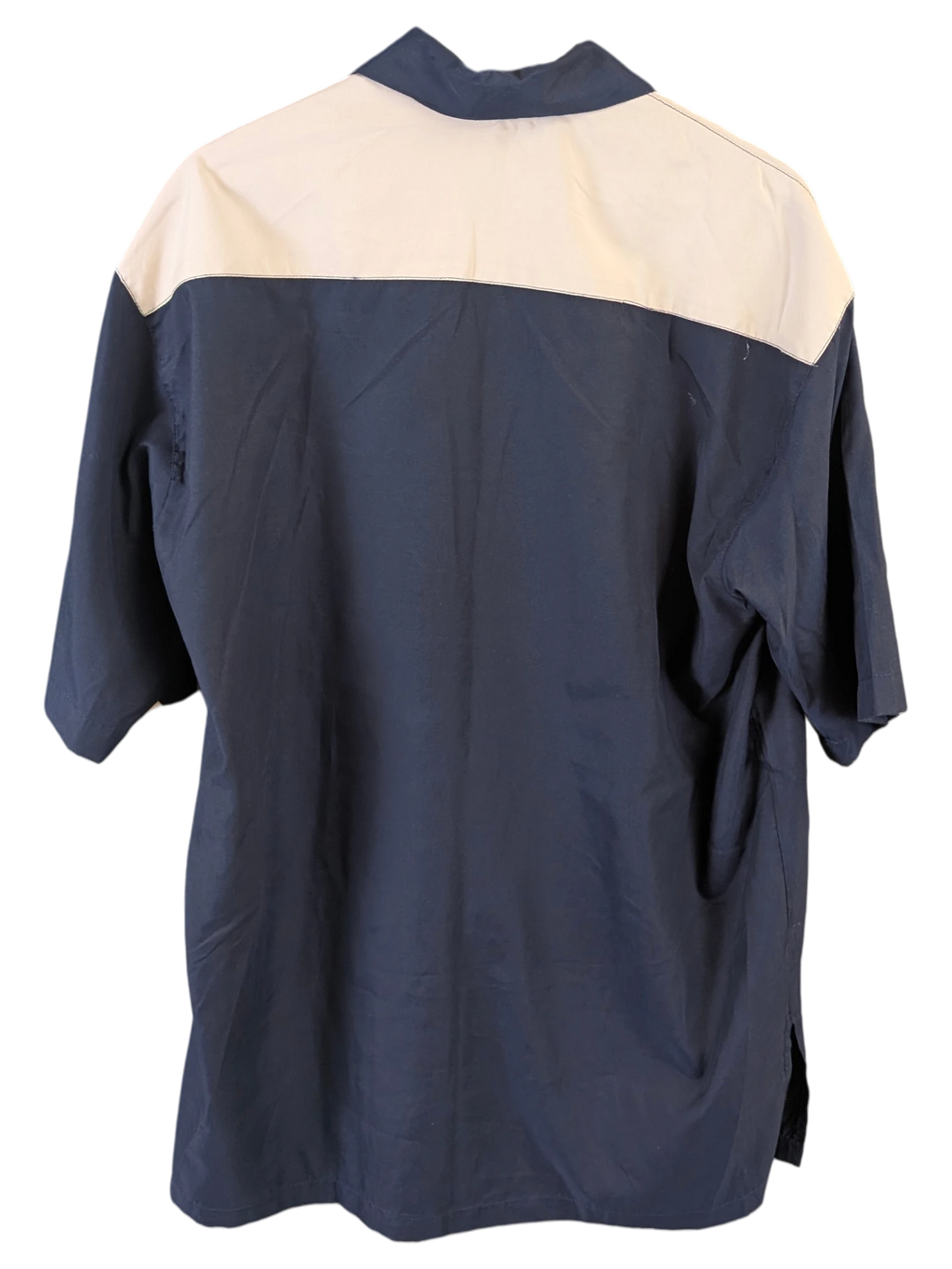 JAKE & IPI beige and navy blue short-sleeve button-up shirt with a color-blocked back view on a hanger.