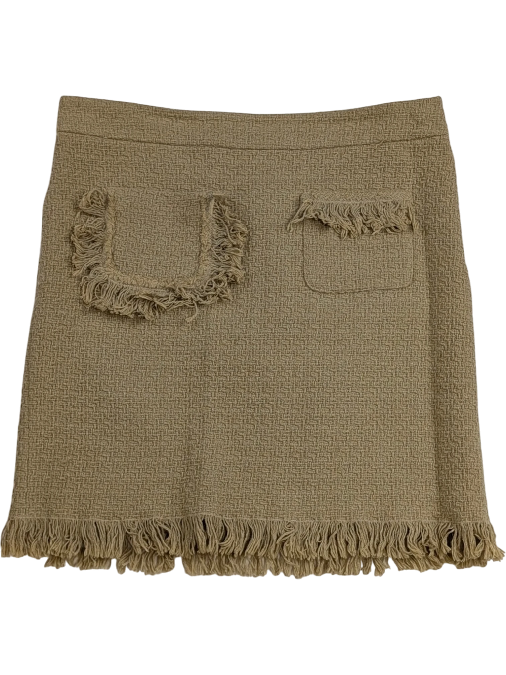 JAKE & IPI beige tweed mini skirt with fringe detailing on pockets and hem. Textured fabric, concealed zip closure.