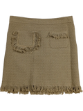 JAKE & IPI beige tweed mini skirt with fringe detailing on pockets and hem. Textured fabric, concealed zip closure.