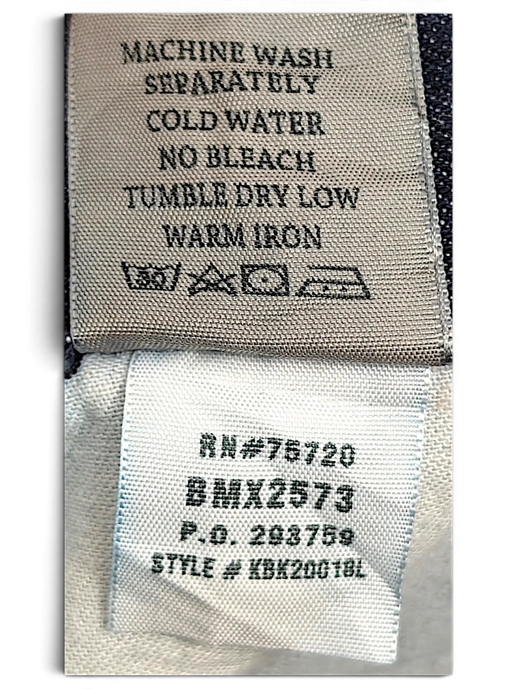 JAKE & IPI BKE Denim Carter 30L jeans interior care label with washing instructions and style information