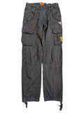 JAKE & IPI black cotton cargo pants with multiple pockets and drawstring ankles.