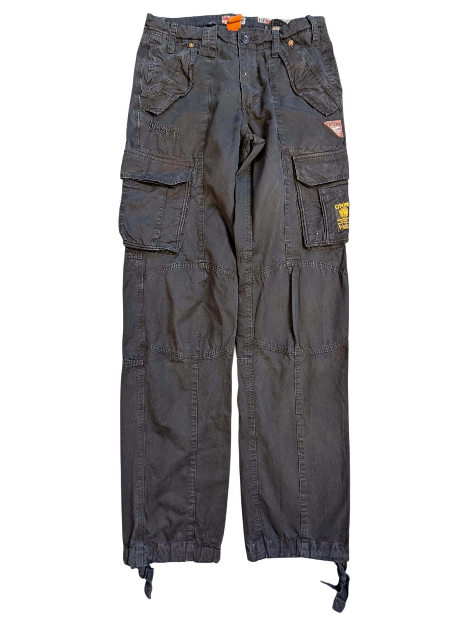 JAKE & IPI black cotton cargo pants with multiple pockets and drawstring ankles.