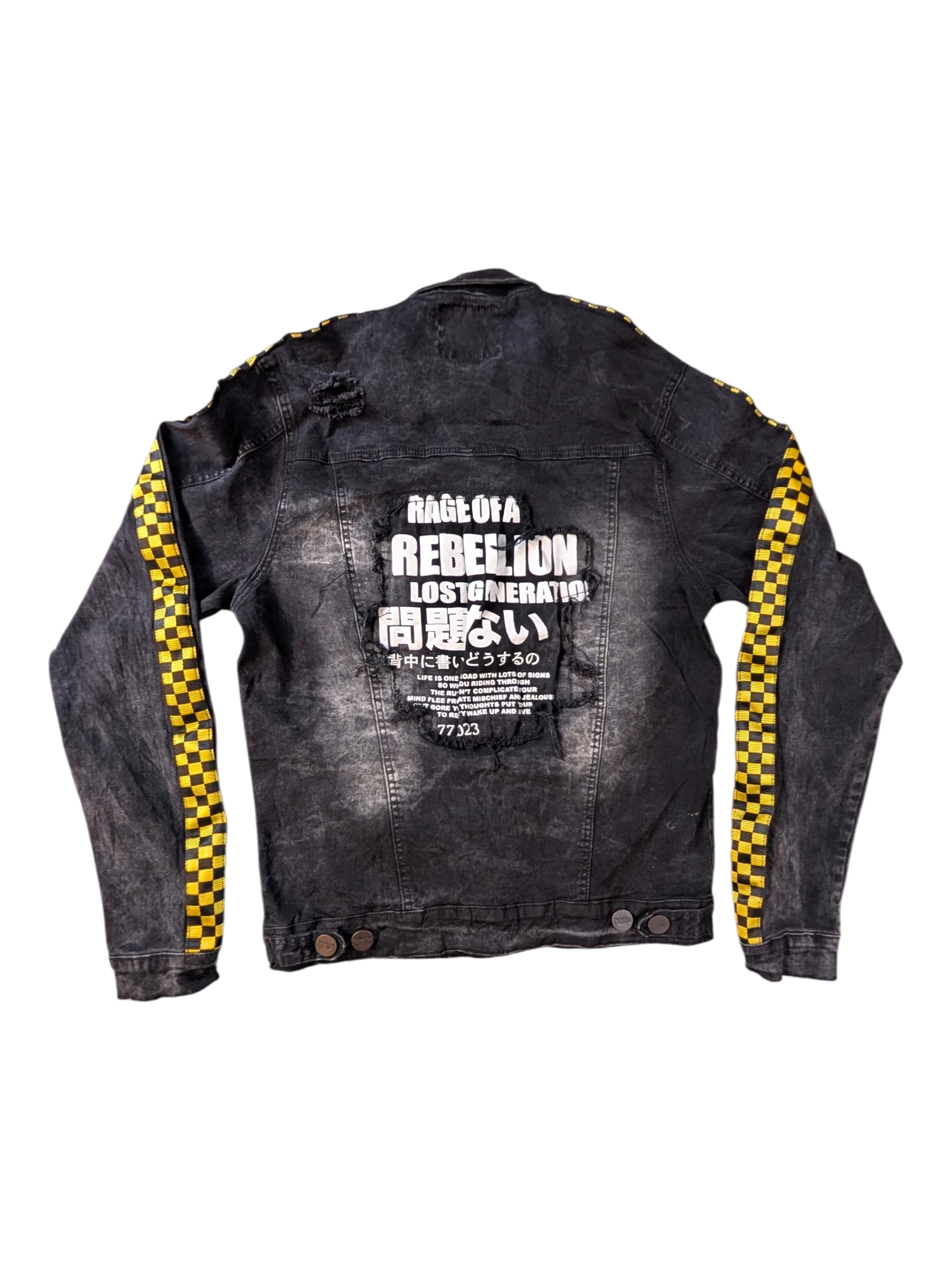 JAKE & IPI black distressed denim jacket with yellow checkered sleeves and graphic text print on back.