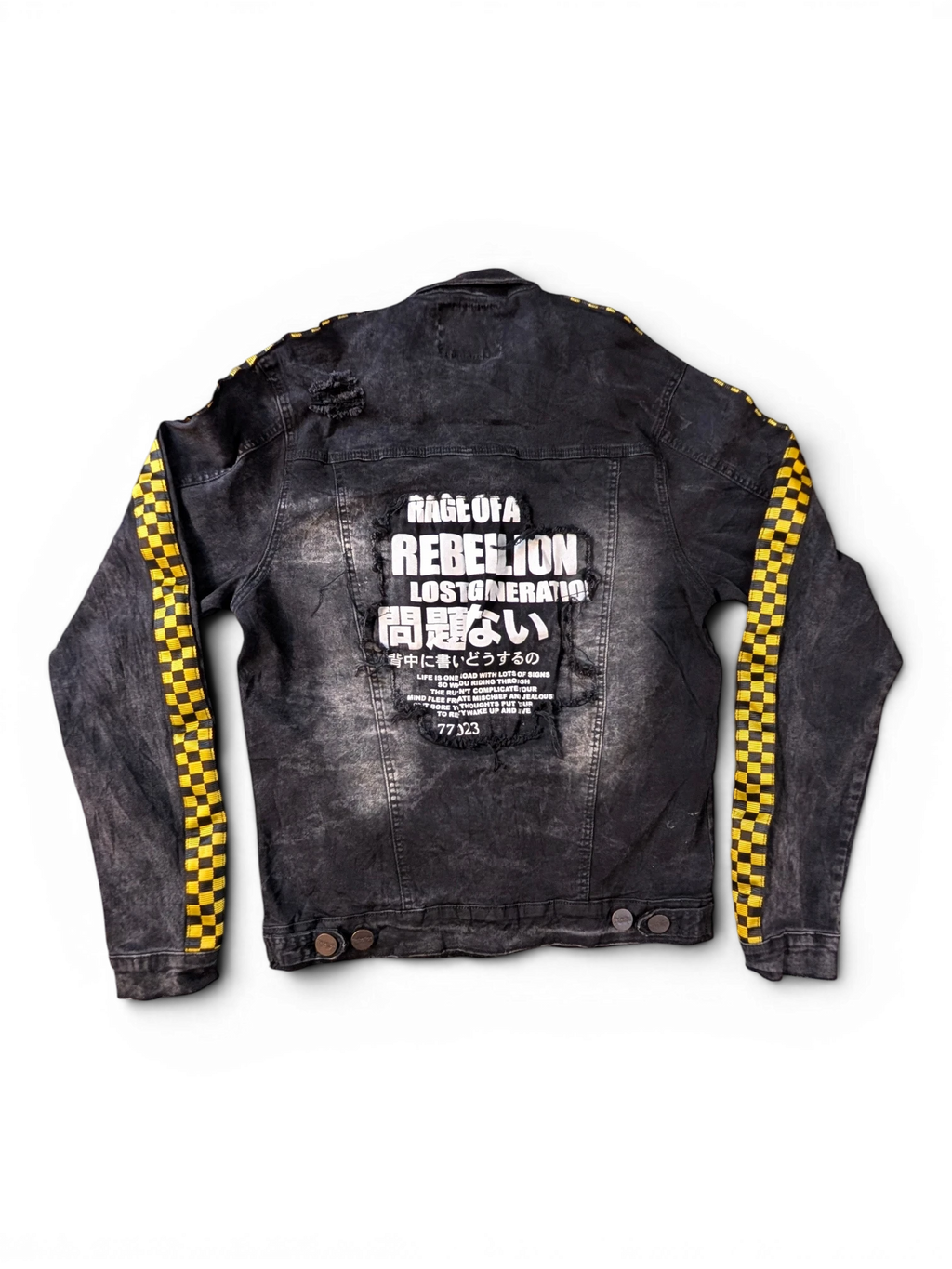 JAKE & IPI black distressed denim jacket with yellow checkered sleeves and graphic text print on back.