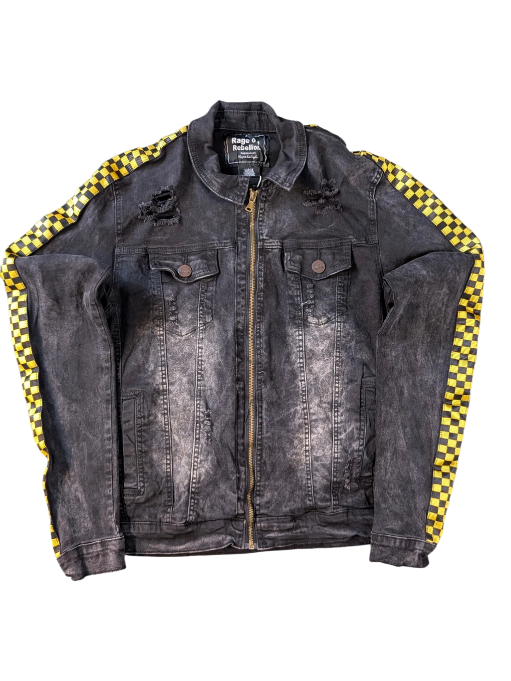 JAKE & IPI Rage of a Rebellion black denim jacket with distressed details and yellow checkered racing stripes on sleeves.