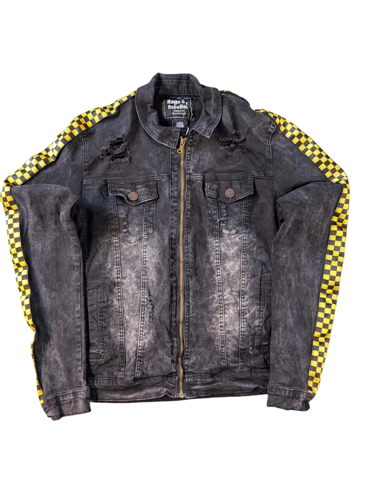 JAKE & IPI Rage of a Rebellion black denim jacket with distressed details and yellow checkered racing stripes on sleeves.