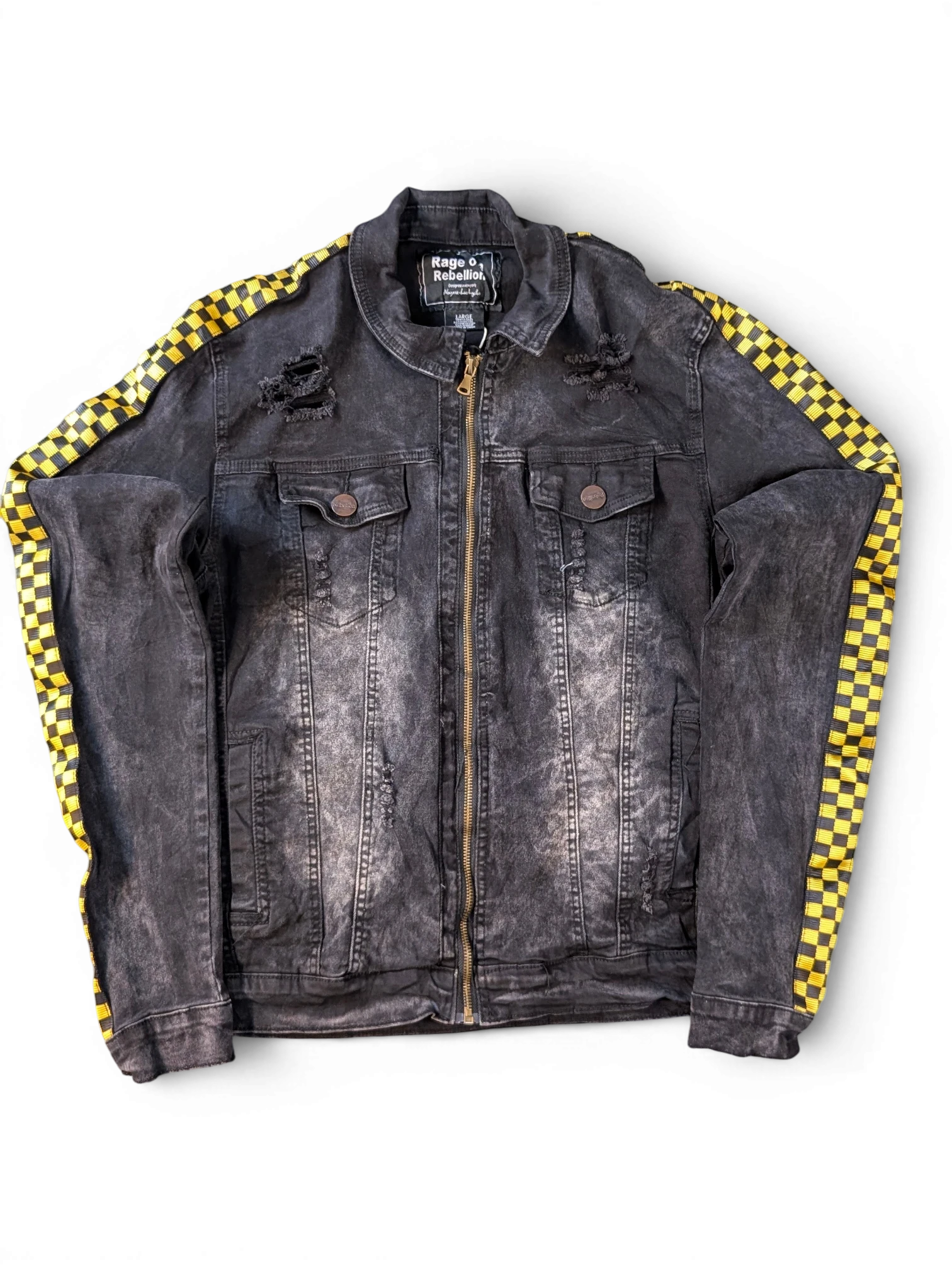 JAKE & IPI Rage of a Rebellion black denim jacket with distressed details and yellow checkered racing stripes on sleeves.