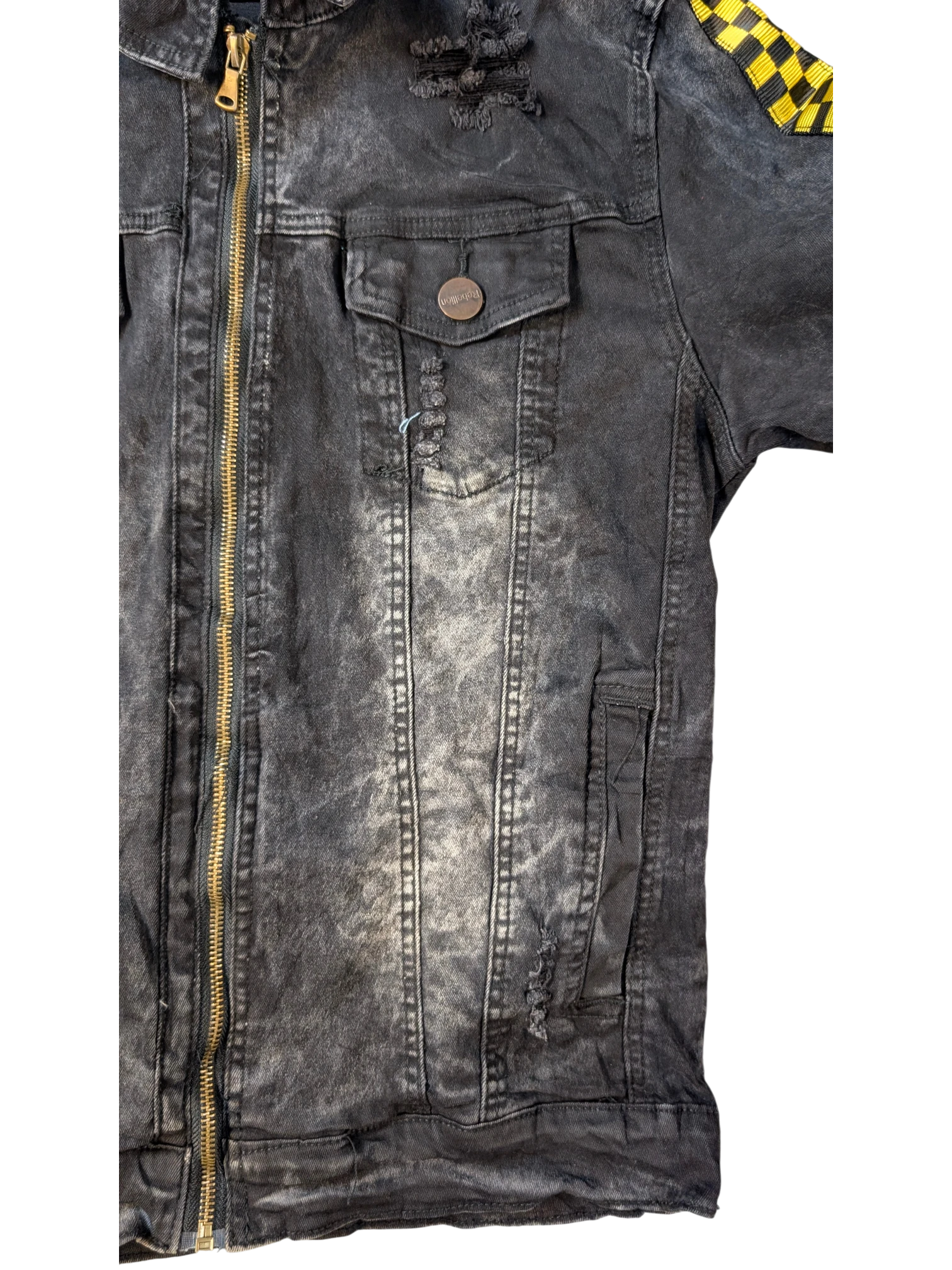 JAKE & IPI black distressed denim jacket with yellow checkered patch on sleeve and gold zipper.