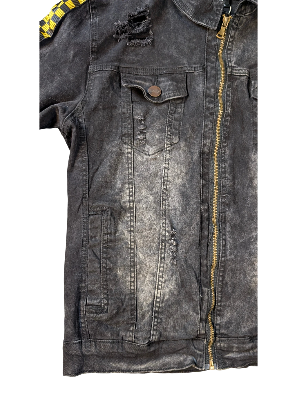JAKE & IPI black distressed denim jacket with yellow checkered detail on shoulder and gold zipper.