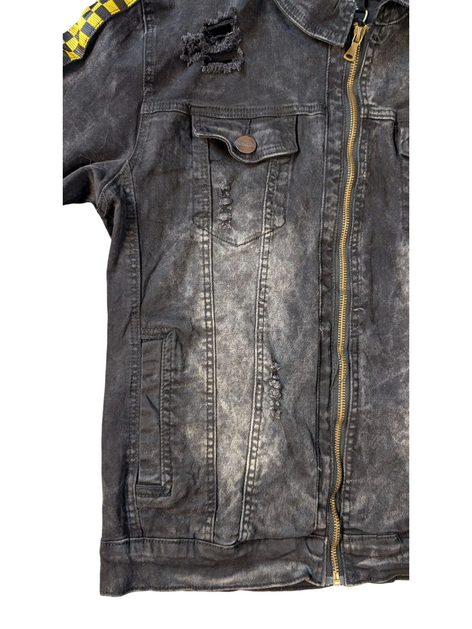 JAKE & IPI black distressed denim jacket with yellow checkered detail on shoulder and gold zipper.