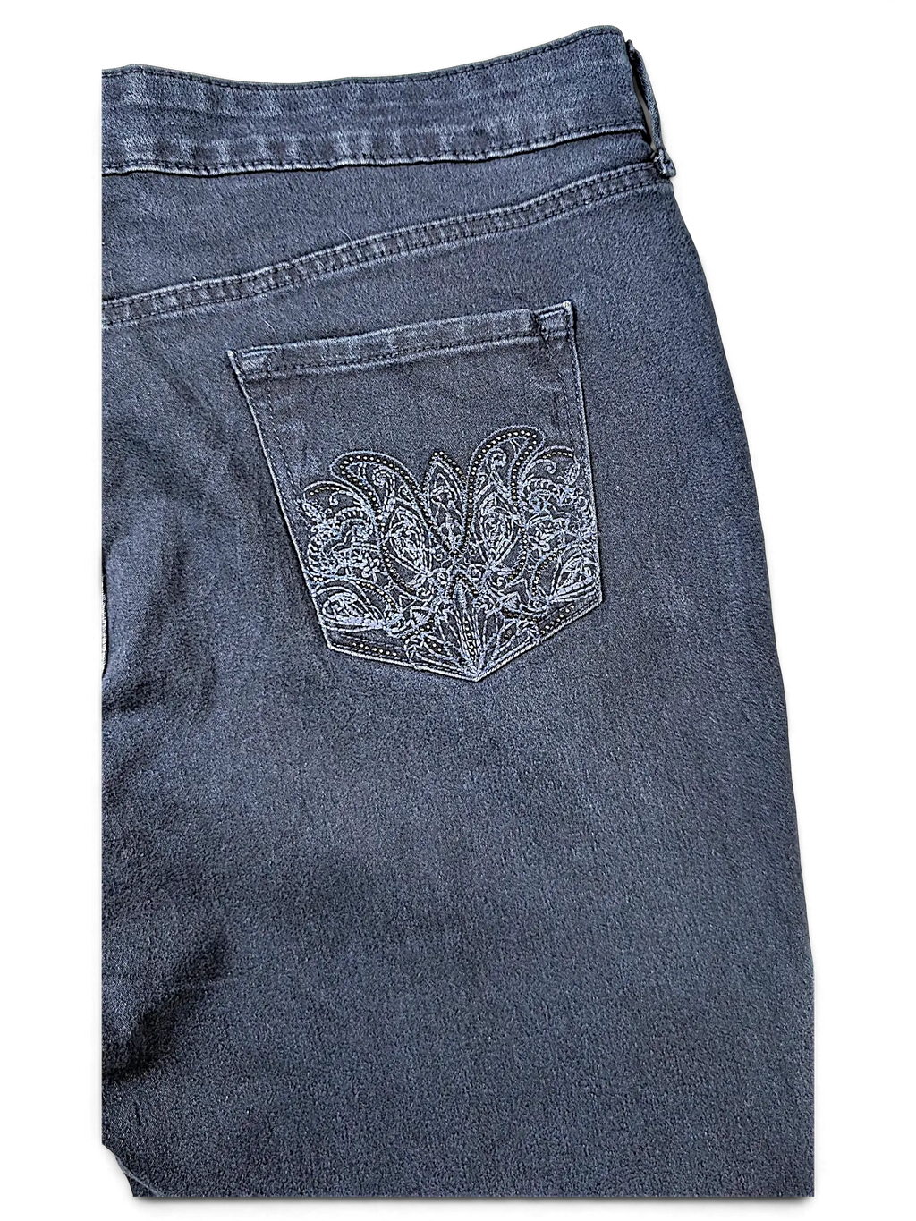 JAKE & IPI Gloria Vanderbilt Missy Bridget slim leg jeans in black denim with intricate paisley embroidery on pocket