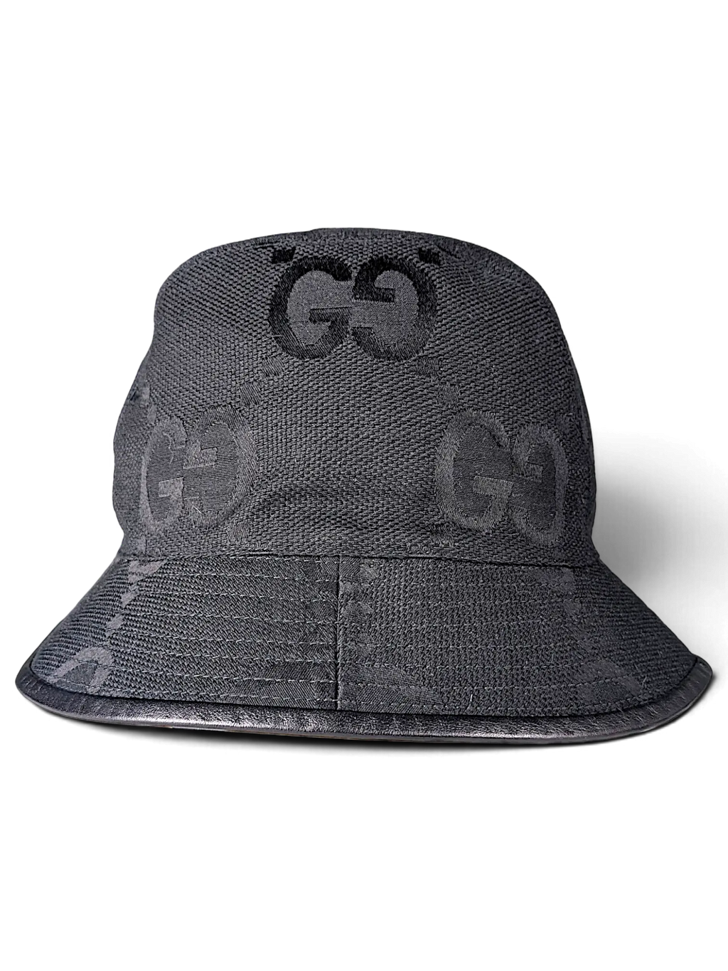 JAKE & IPI black canvas bucket hat featuring the iconic Gucci GG monogram pattern and a leather brim trim.
