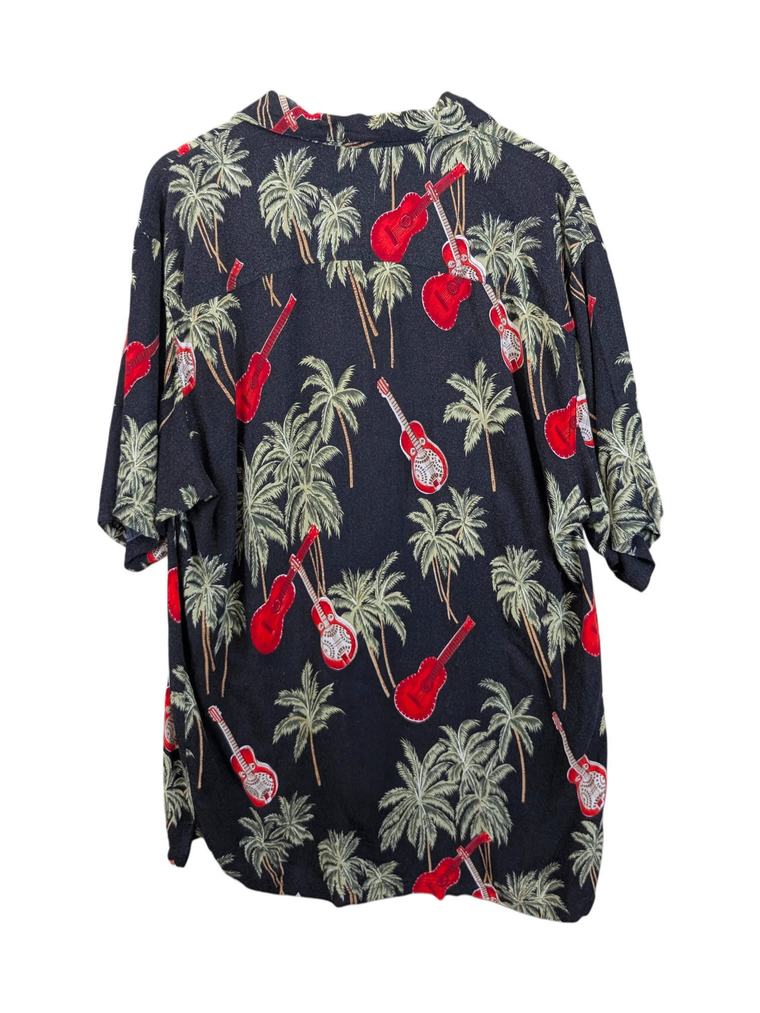 JAKE & IPI black Hawaiian shirt featuring a tropical palm tree and red guitar print, back view on a hanger.