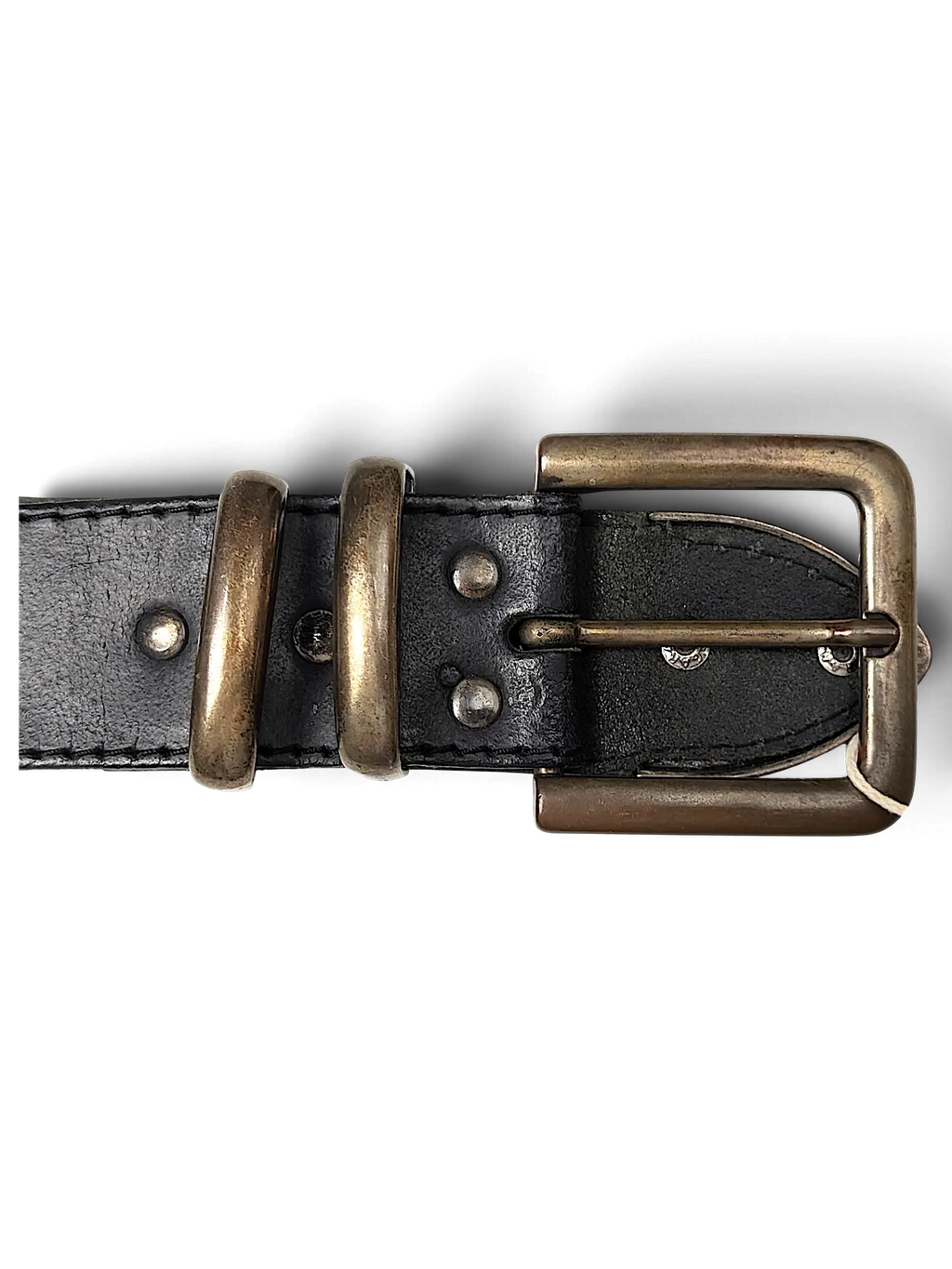 JAKE & IPI black leather belt featuring a distressed brass buckle and double loops with silver-tone rivet details.