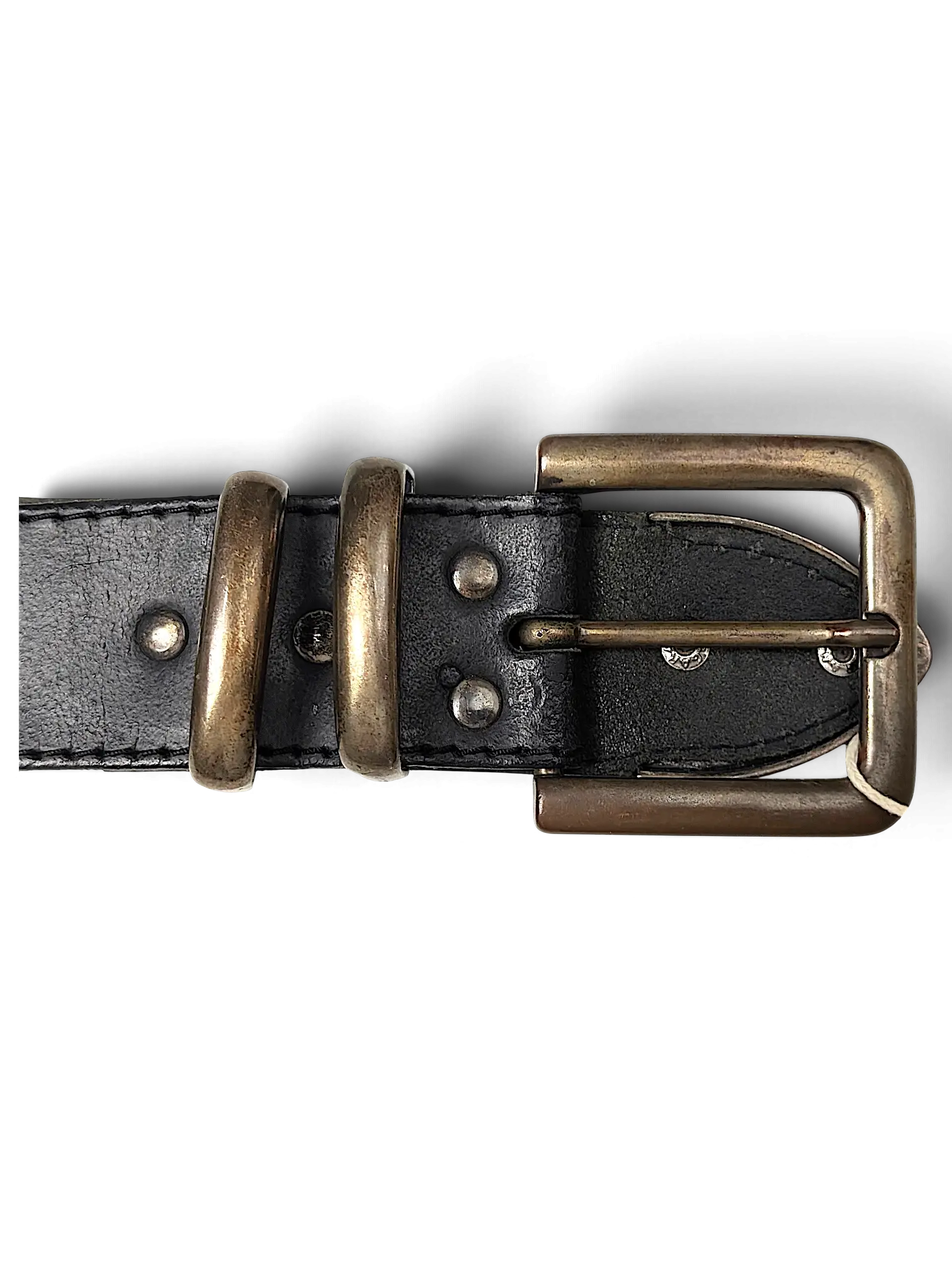 JAKE & IPI black leather belt featuring a distressed brass buckle and double loops with silver-tone rivet details.
