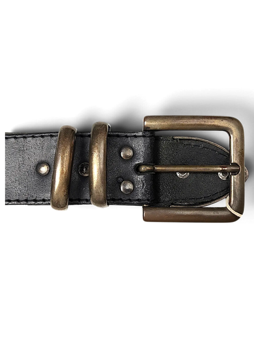 JAKE & IPI black leather belt featuring a distressed brass buckle and double loops with silver-tone rivet details.