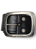 JAKE & IPI Petrol Red Label black leather belt featuring a large silver-tone rectangular buckle held in a hand.
