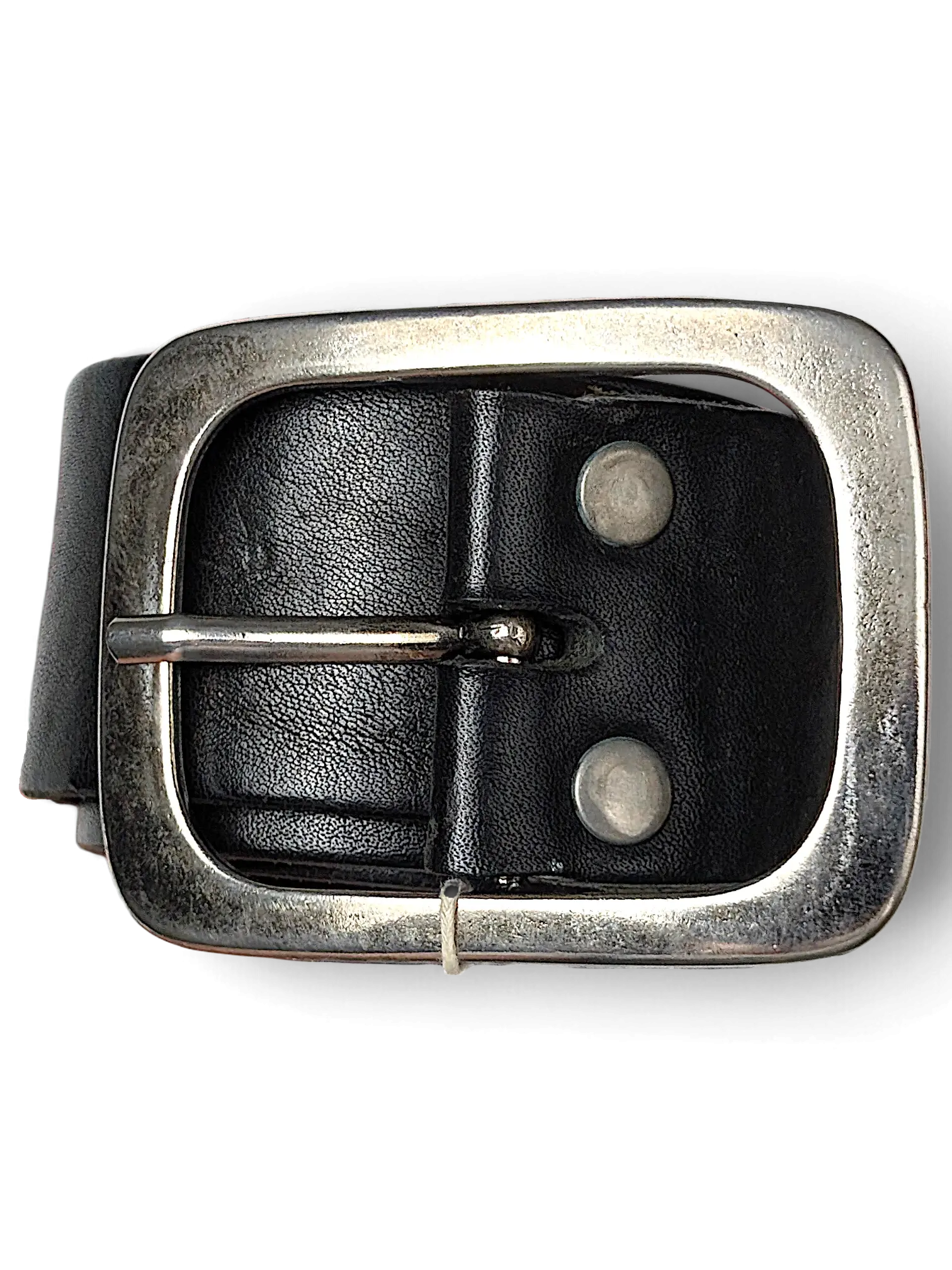 JAKE & IPI Petrol Red Label black leather belt featuring a large silver-tone rectangular buckle held in a hand.