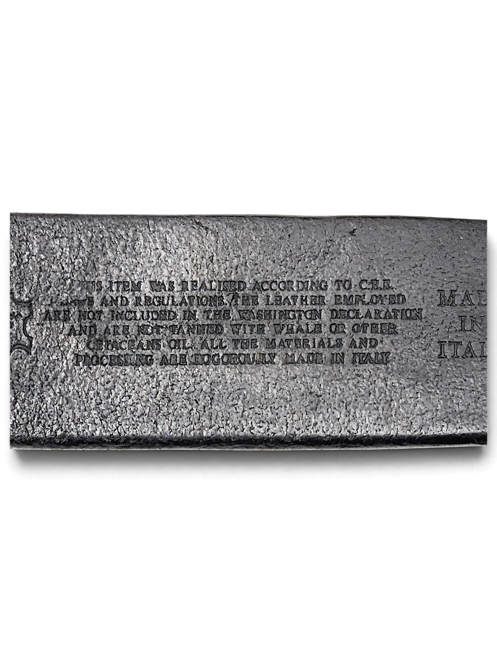 JAKE & IPI Jennifer Julia black leather belt with embossed Italian manufacturing and ethical sourcing information