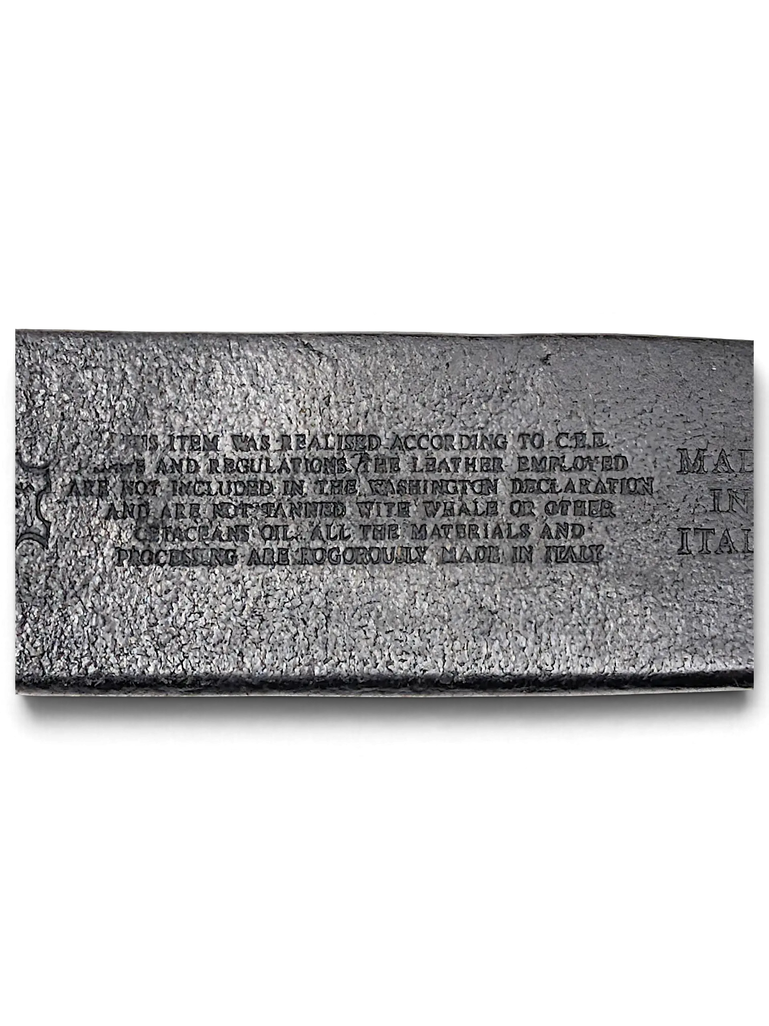 JAKE & IPI Jennifer Julia black leather belt with embossed Italian manufacturing and ethical sourcing information