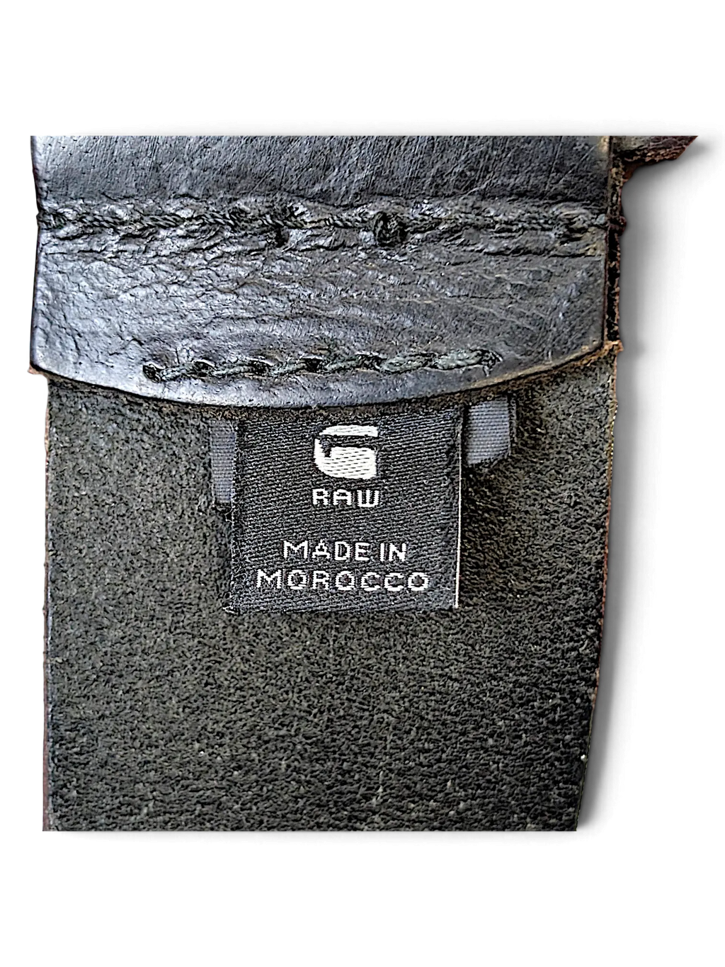 JAKE & IPI black leather G-Star Raw belt featuring a stitched label made in Morocco