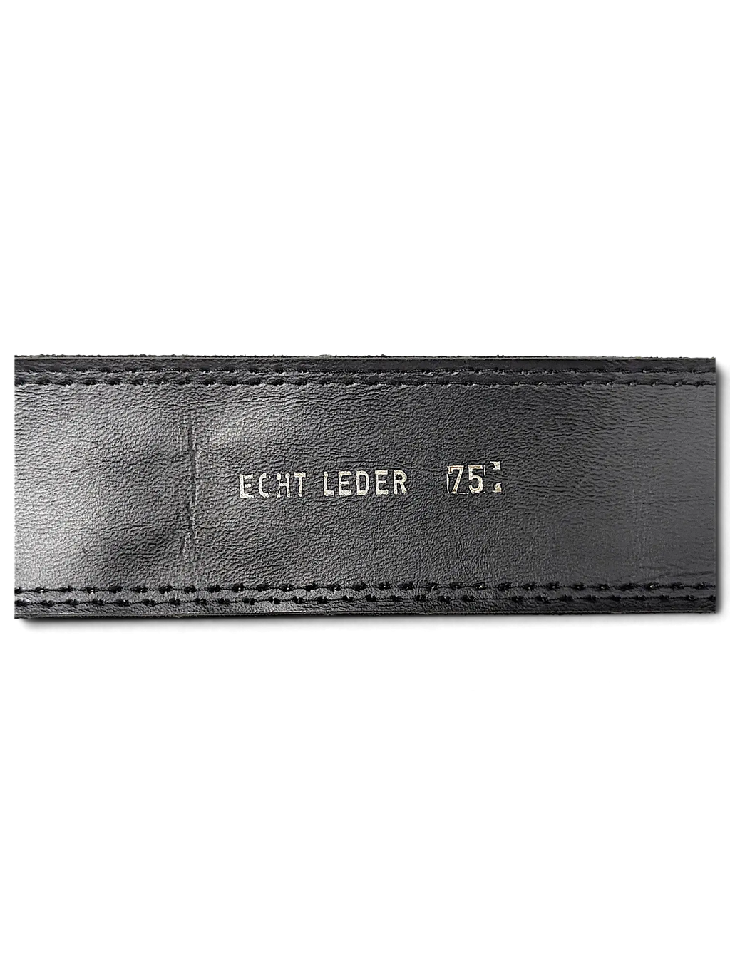 JAKE & IPI black leather belt interior showing Echt Leder 75 stamp and detailed stitching