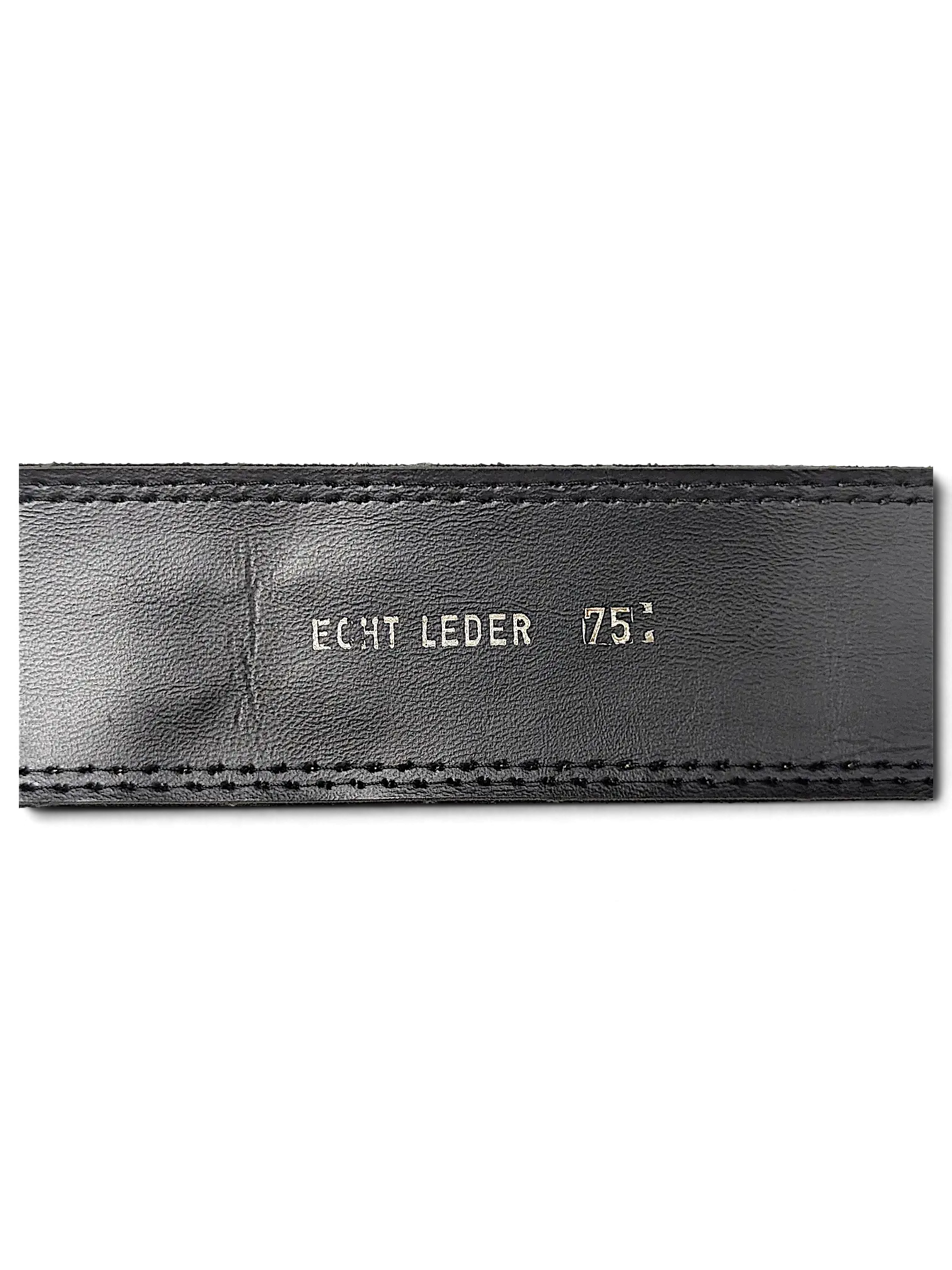 JAKE & IPI black leather belt interior showing Echt Leder 75 stamp and detailed stitching