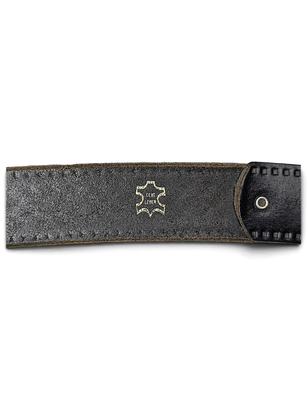 JAKE & IPI black leather belt featuring an ECHT LEDER gold embossed stamp on the inner strap