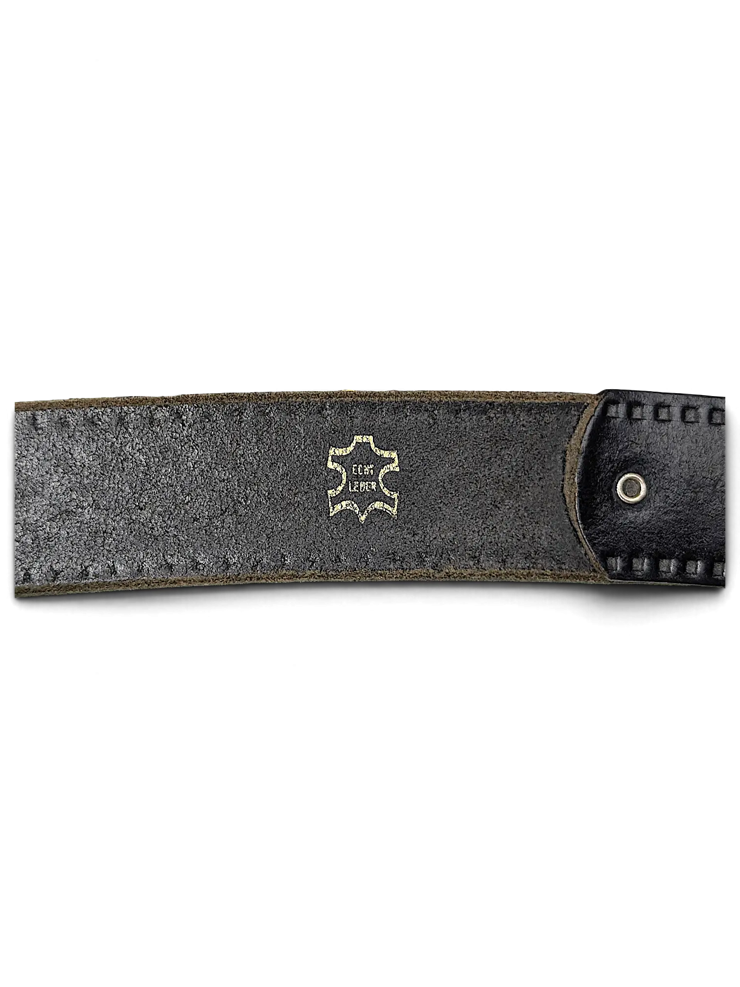 JAKE & IPI black leather belt featuring an ECHT LEDER gold embossed stamp on the inner strap