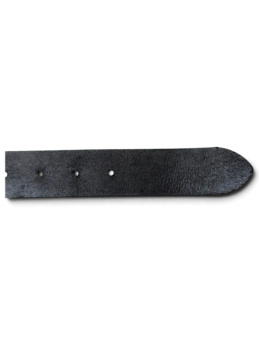 JAKE & IPI S. Oliver black leather belt with a rounded tip and punched holes against a white background