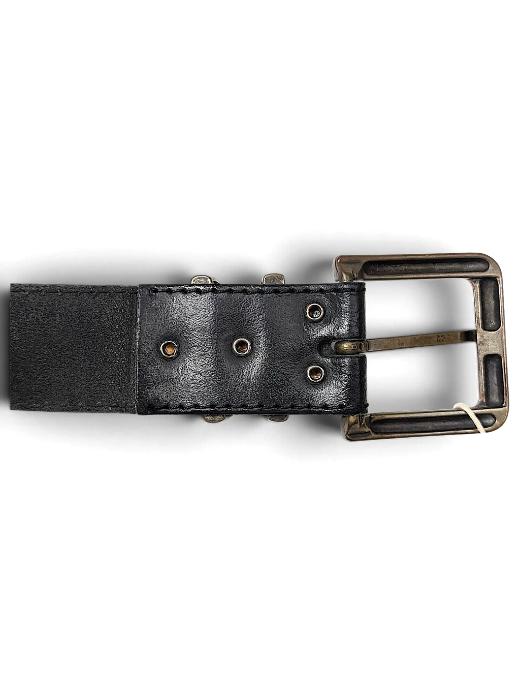 JAKE & IPI black leather belt with a rustic metal buckle and reinforced rivet detailing