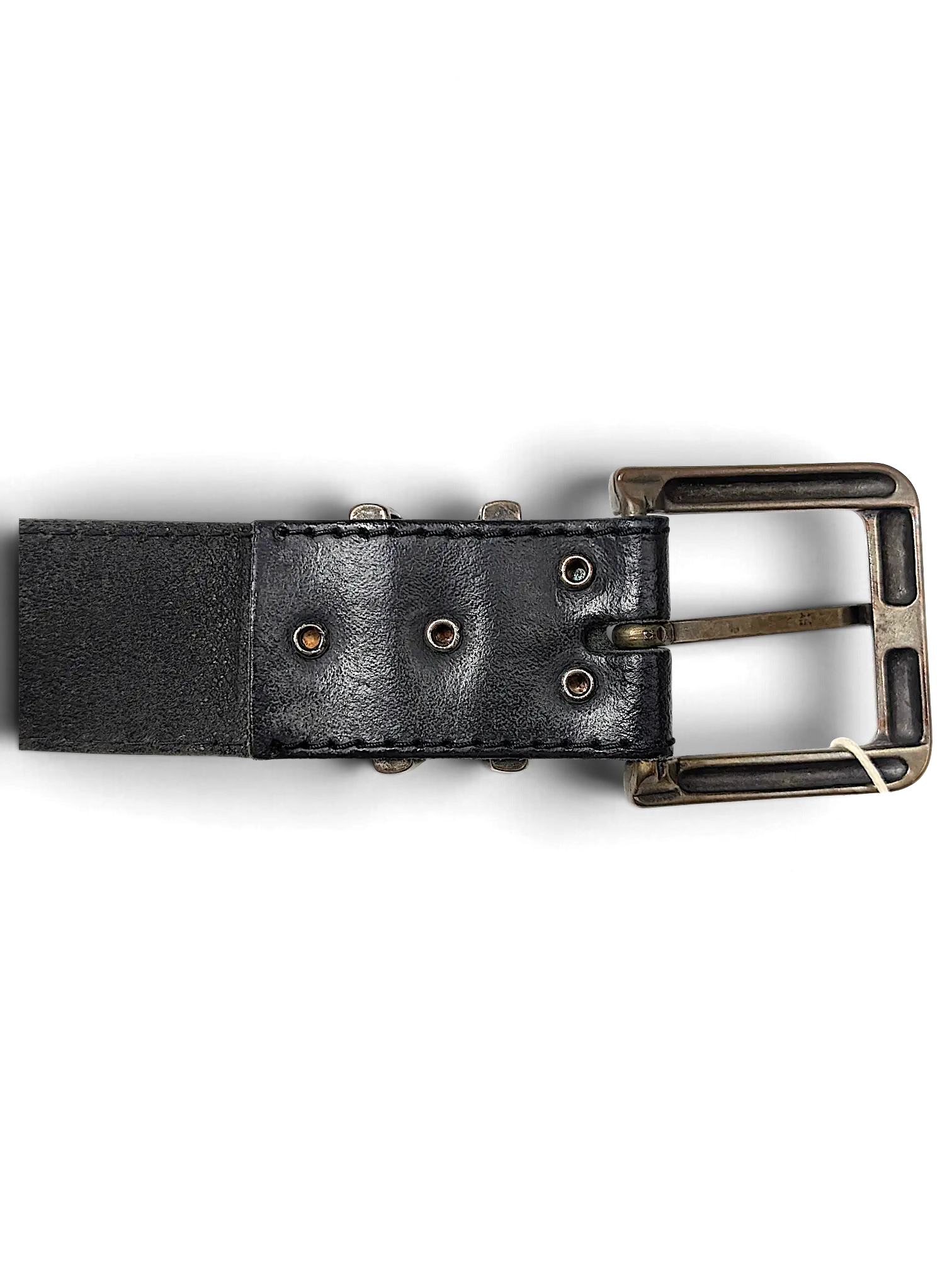 JAKE & IPI black leather belt with a rustic metal buckle and reinforced rivet detailing