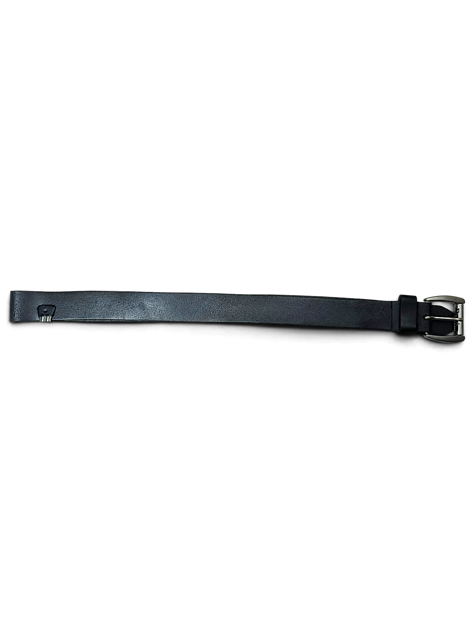 JAKE & IPI black leather belt with a metal hook attachment and silver buckle, featuring a distressed finish.