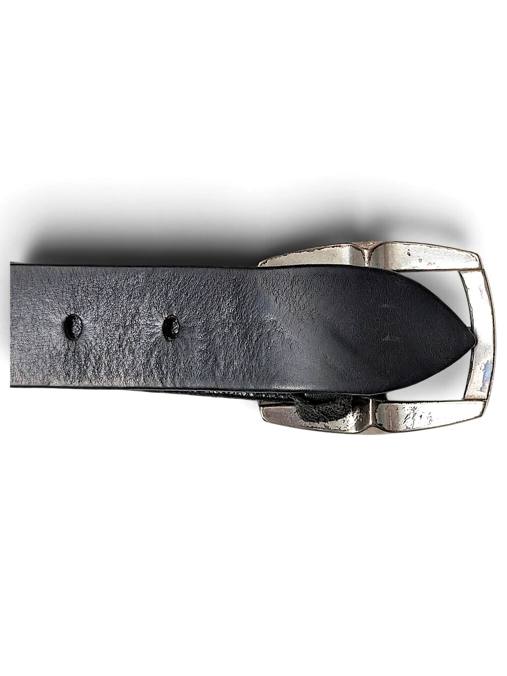 JAKE & IPI Jennifer Julia black leather belt featuring a distressed silver-tone metal buckle and punched holes.