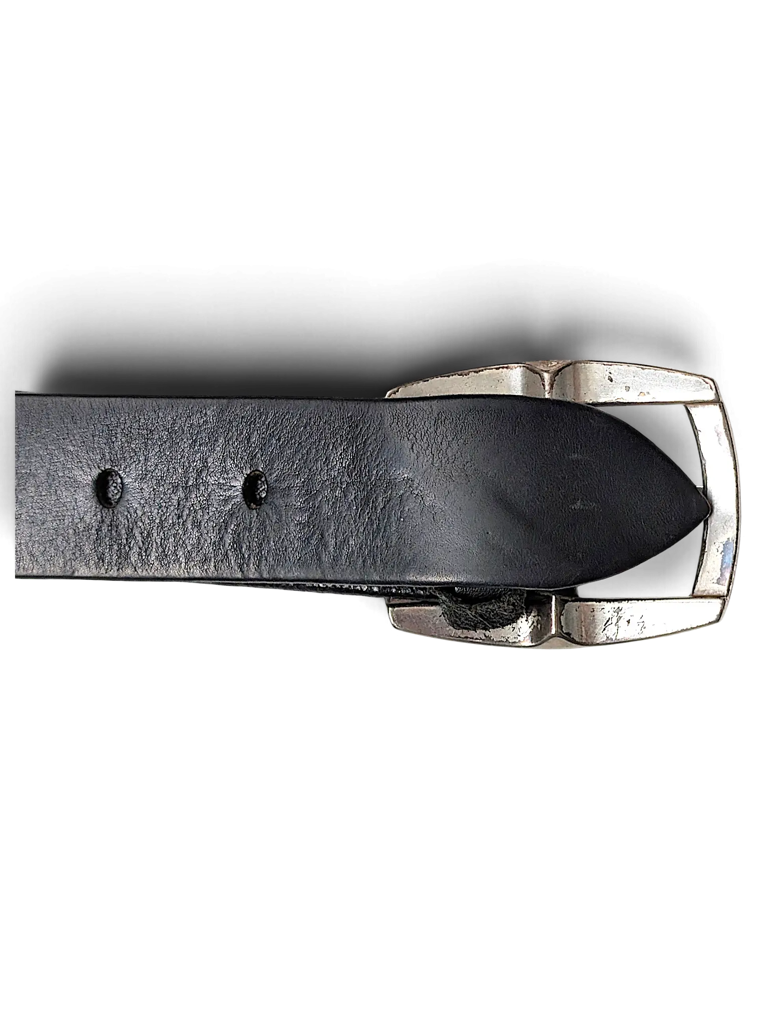 JAKE & IPI Jennifer Julia black leather belt featuring a distressed silver-tone metal buckle and punched holes.