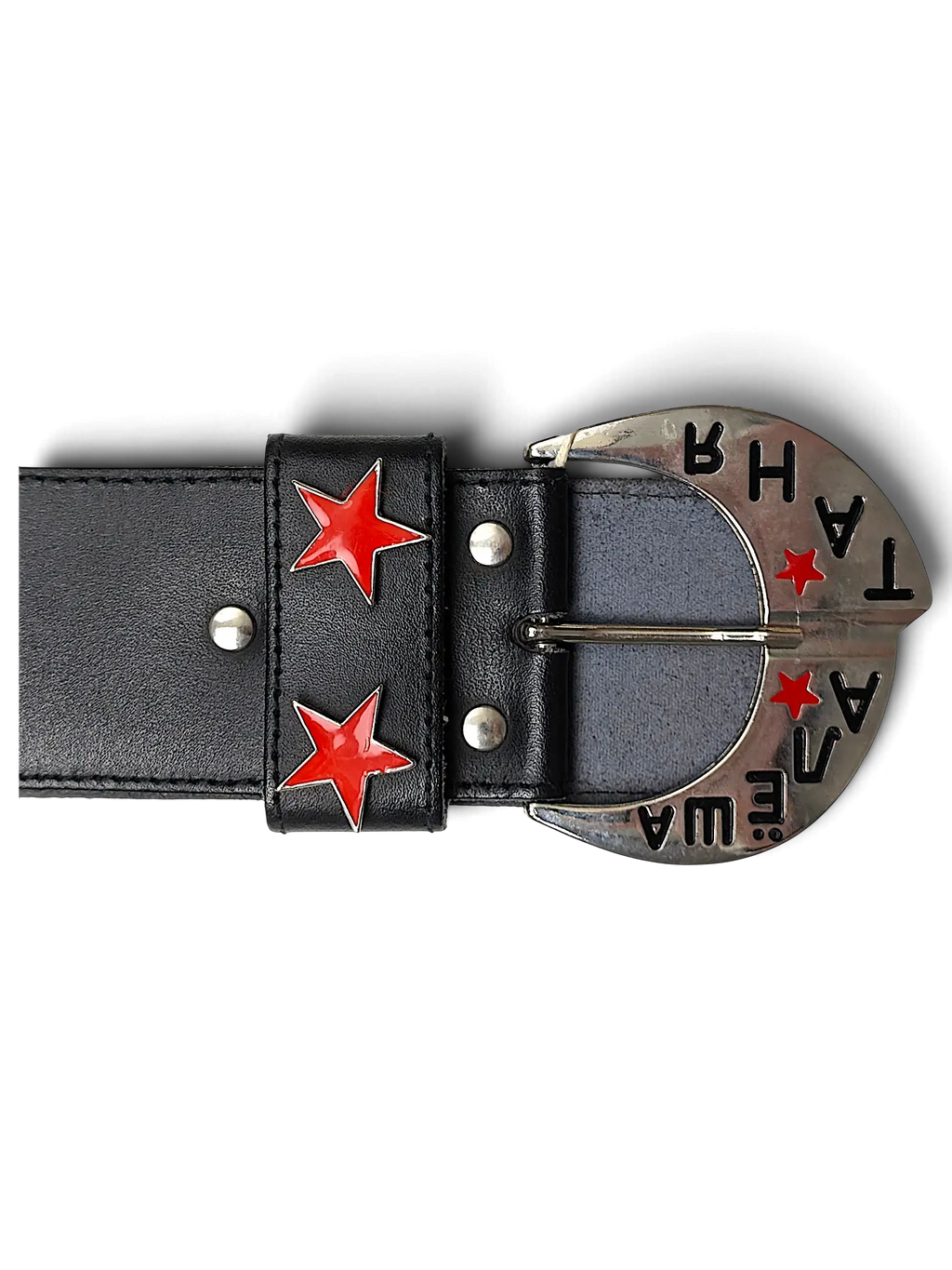 JAKE & IPI wide black leather belt featuring red star studs and a large silver buckle with Cyrillic lettering