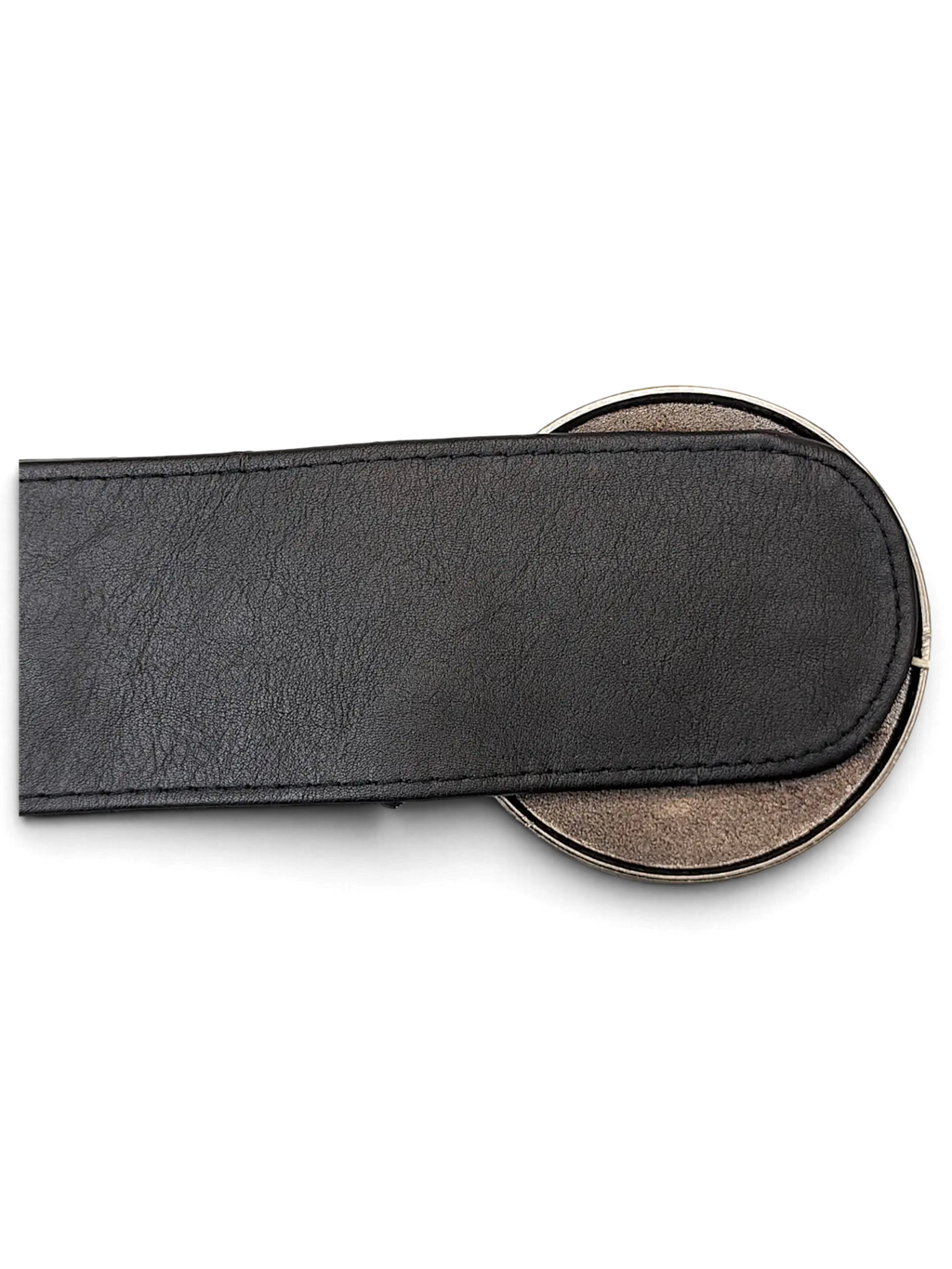 JAKE & IPI black wide faux leather belt featuring a large round metallic buckle on a white background