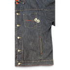 JAKE & IPI blue denim jacket with red stitching detail and embroidered logo on chest pocket.