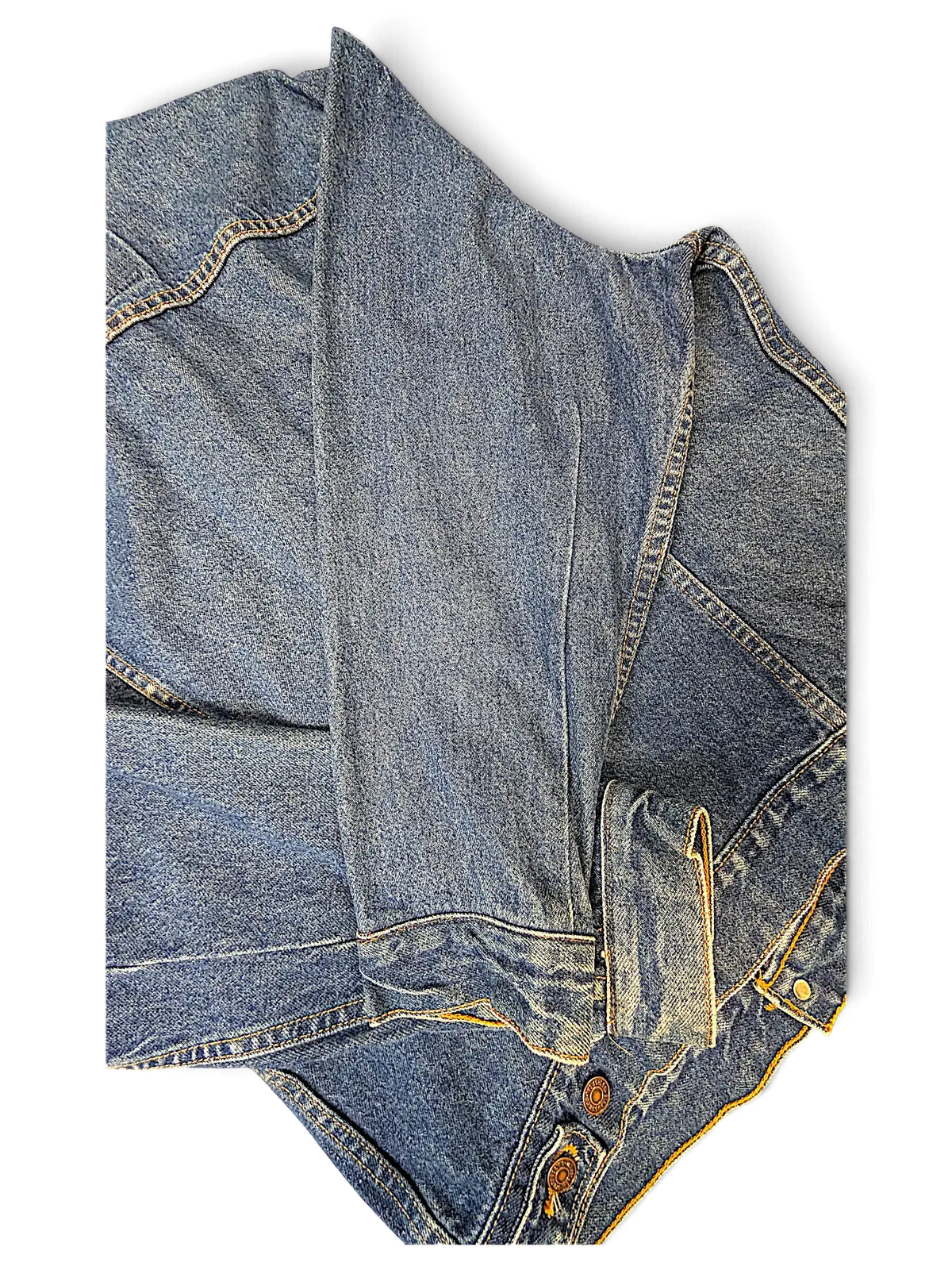 JAKE & IPI blue denim jacket featuring classic stitching and metal button details on the sleeve cuff