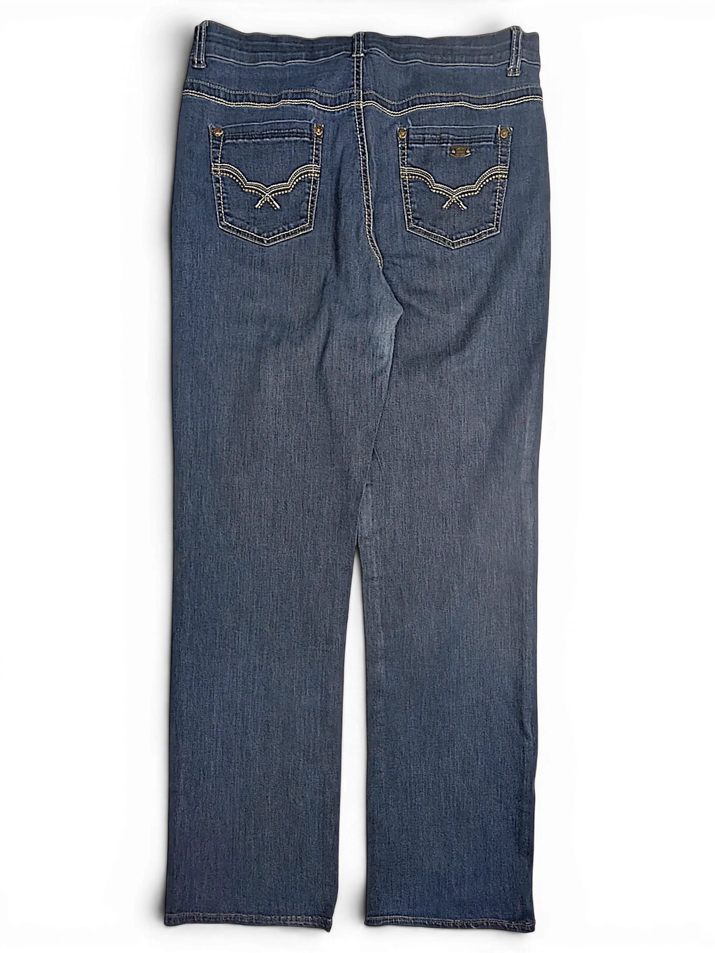 JAKE & IPI Lois Jane comfort waist blue denim jeans with decorative stitched back pockets on a black background