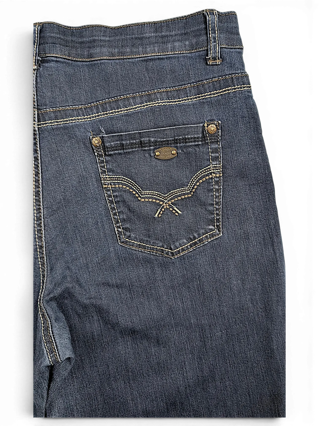 JAKE & IPI blue denim jeans featuring a comfort waist, contrast stitching, and a branded metal back pocket badge.