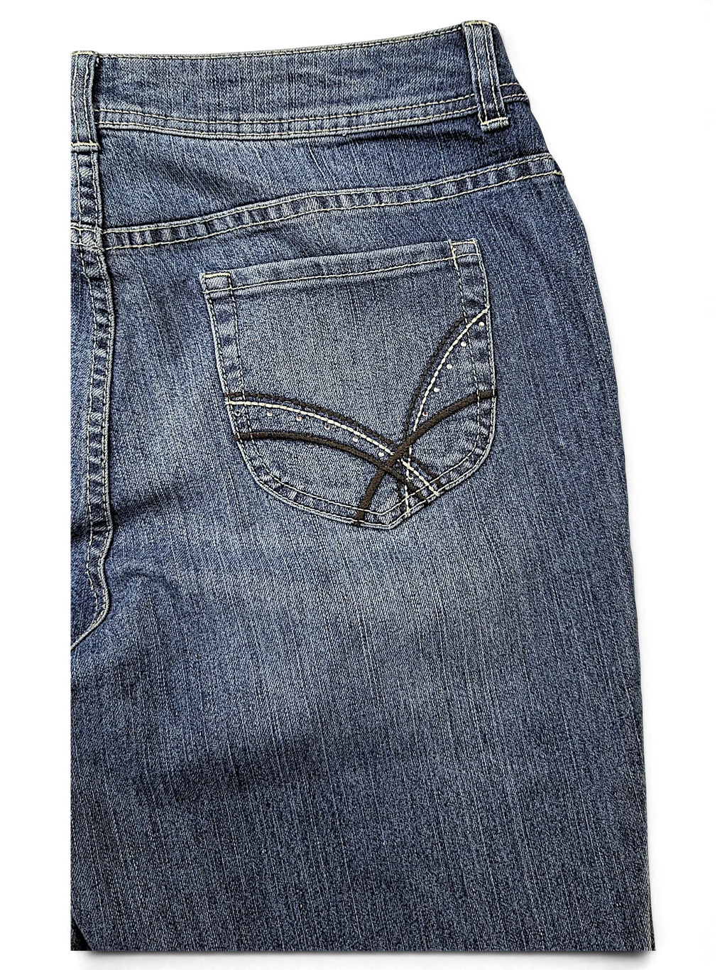 JAKE & IPI Additions by Chico's blue denim shorts featuring back pockets with decorative stitching and subtle studs