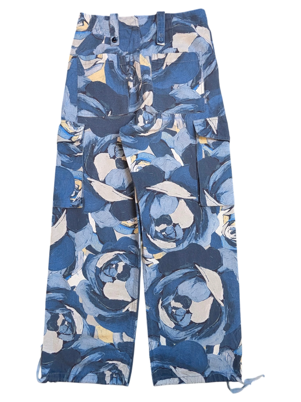 JAKE & IPI blue floral print cargo pants with drawstring ankles and multiple pockets.