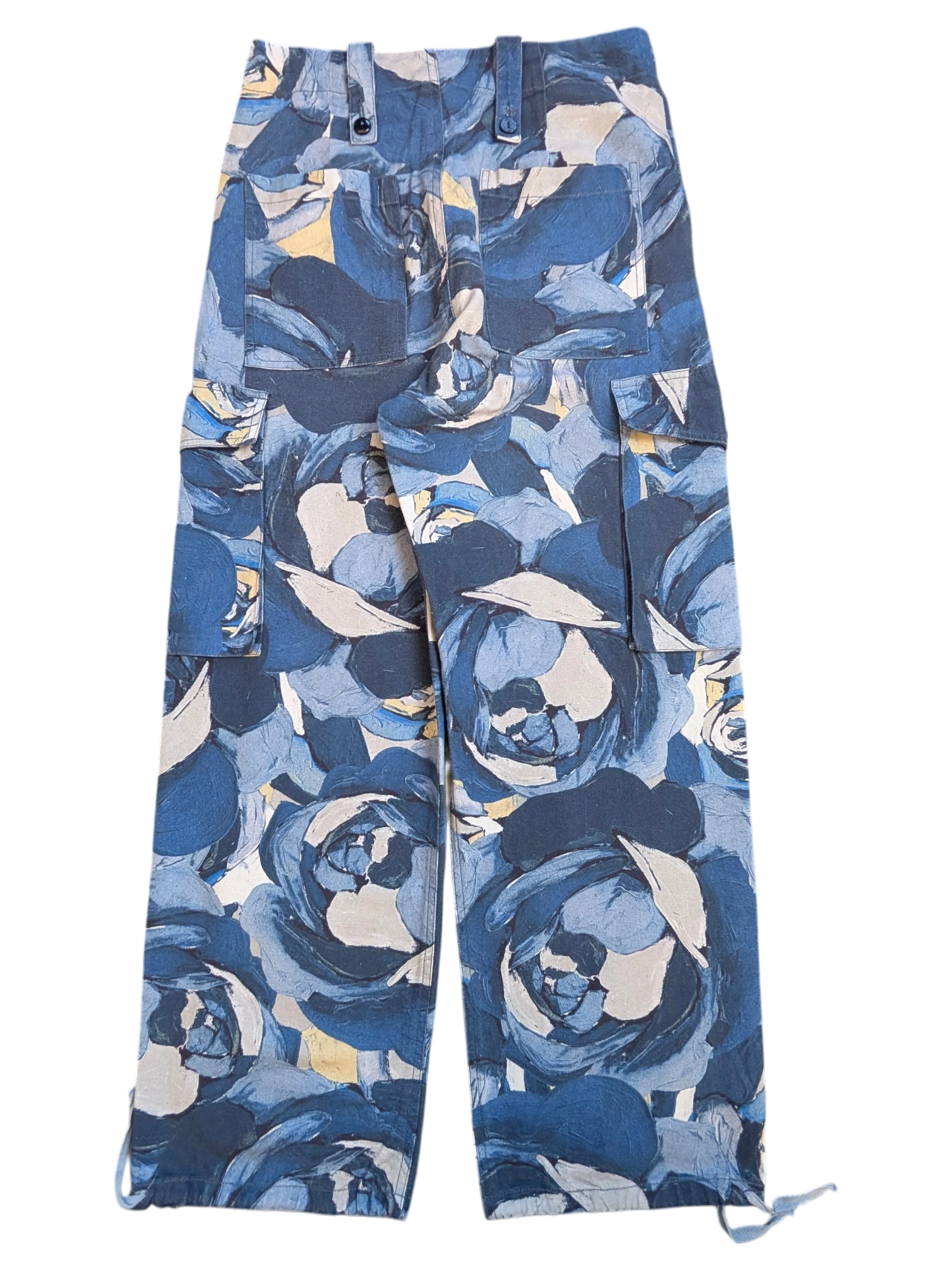JAKE & IPI blue floral print cargo pants with drawstring ankles and multiple pockets.