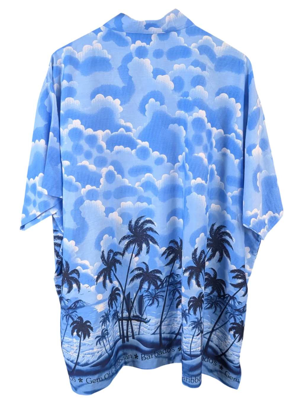 JAKE & IPI blue Hawaiian shirt featuring a tropical beach scene with palm trees and clouds, back view.