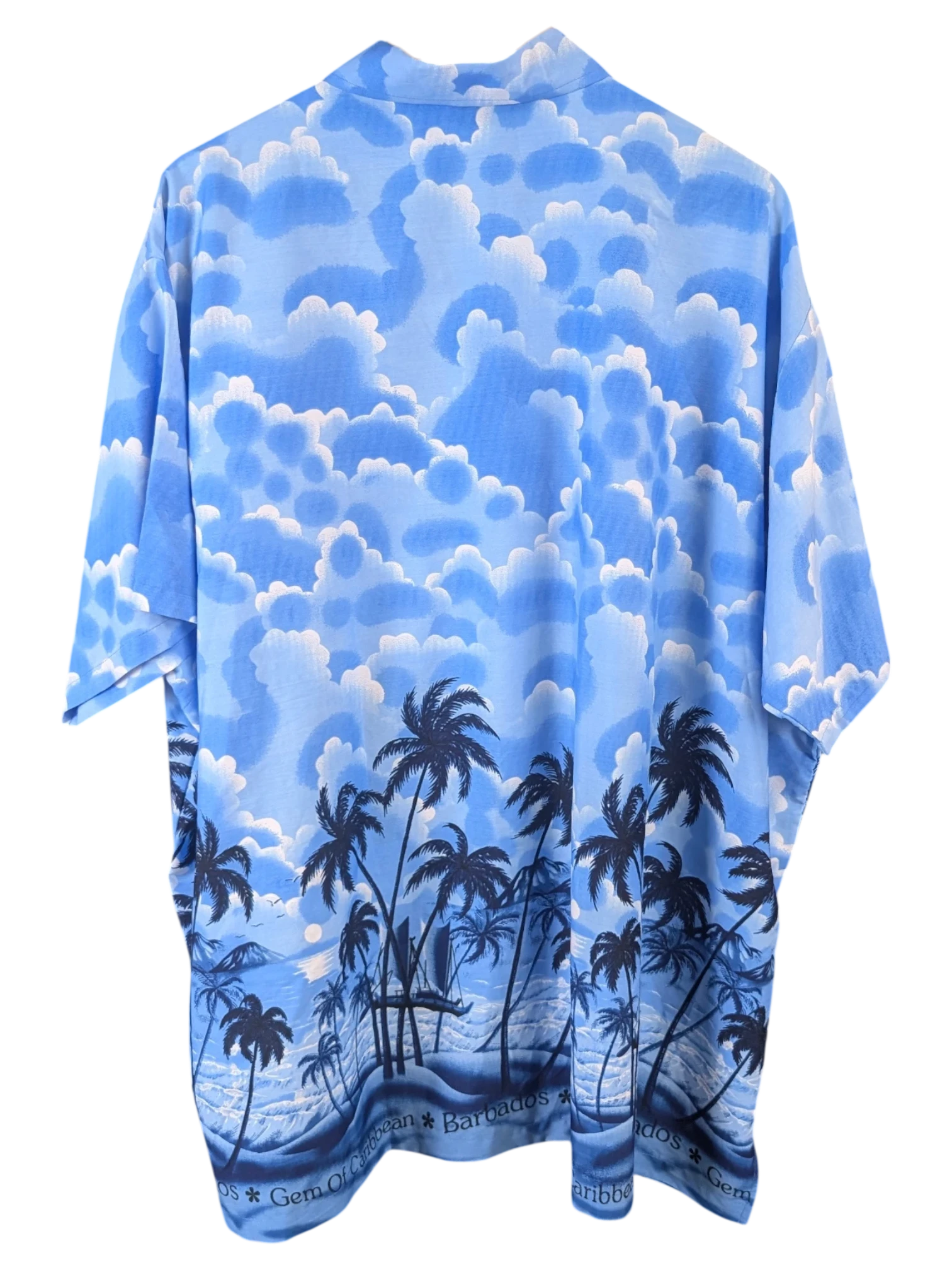 JAKE & IPI blue Hawaiian shirt featuring a tropical beach scene with palm trees and clouds, back view.